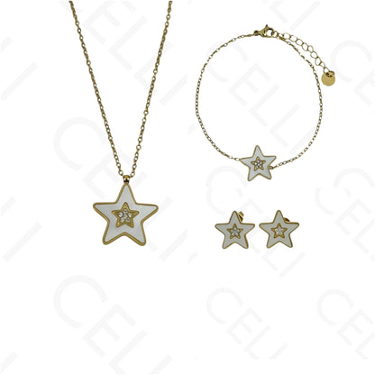 Colar/Brinco/Pulseira de Aço - Estrela com madrepérola