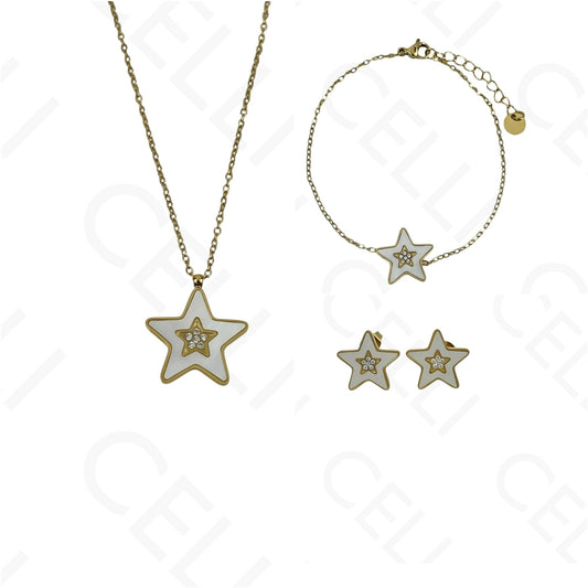 Colar/Brinco/Pulseira de Aço - Estrela com madrepérola