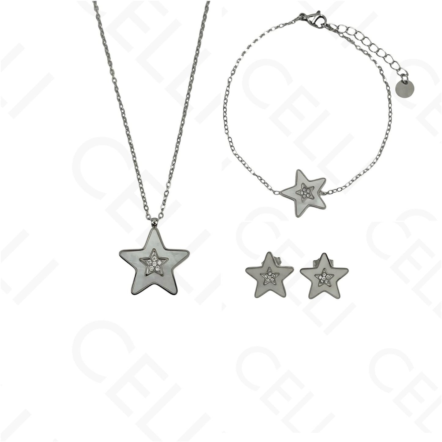 Colar/Brinco/Pulseira de Aço - Estrela com madrepérola