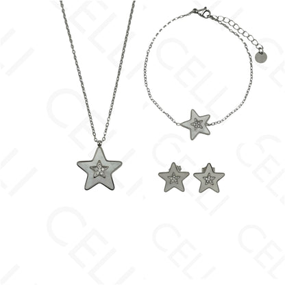 Colar/Brinco/Pulseira de Aço - Estrela com madrepérola