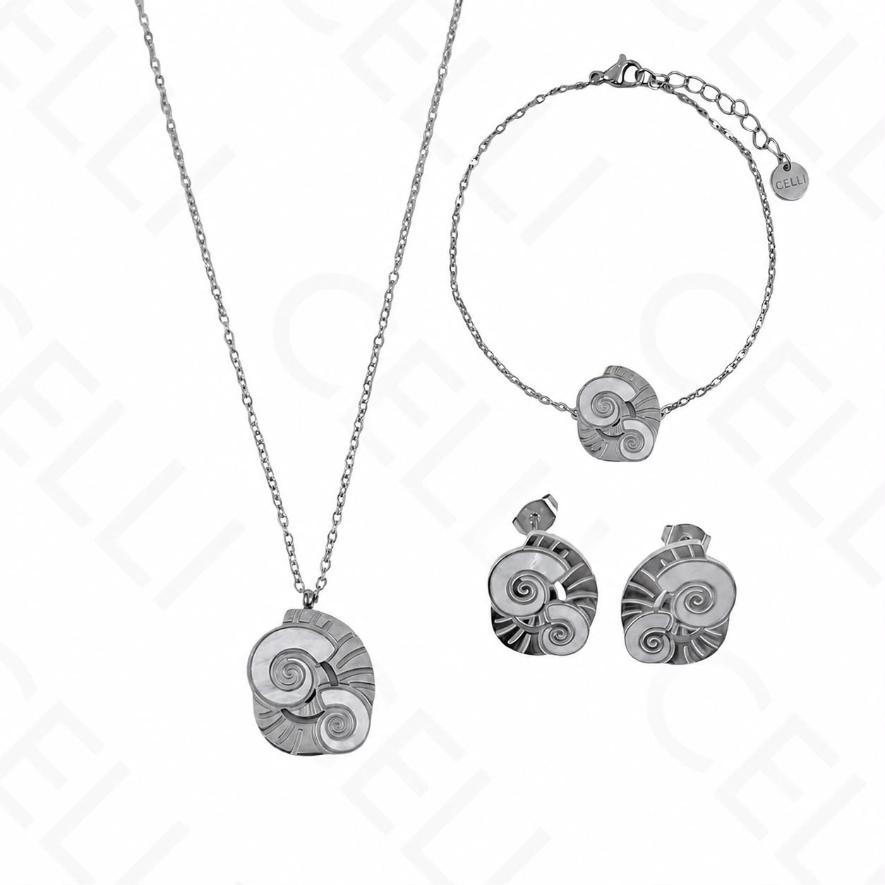 Steel Necklace/Earrings/Bracelet - Cowrie shell with mother-of-pearl