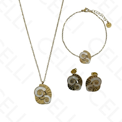 Steel Necklace/Earrings/Bracelet - Cowrie shell with mother-of-pearl