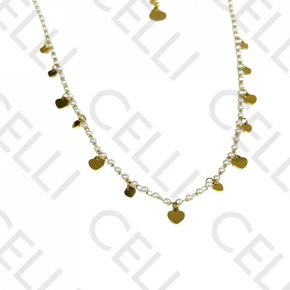 Colar De Aço - Pérolas Com Medalhinhas Coração Dourado