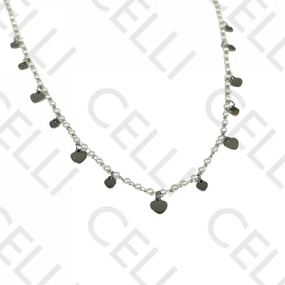 Colar De Aço - Pérolas Com Medalhinhas Coração Prateado