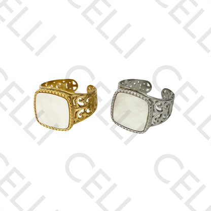 钢制戒指 - 镶有方形母贝