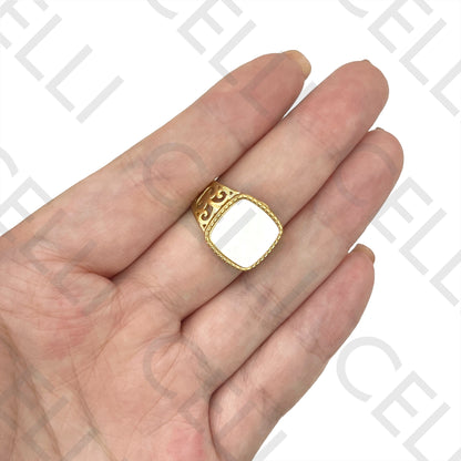 钢制戒指 - 镶有方形母贝