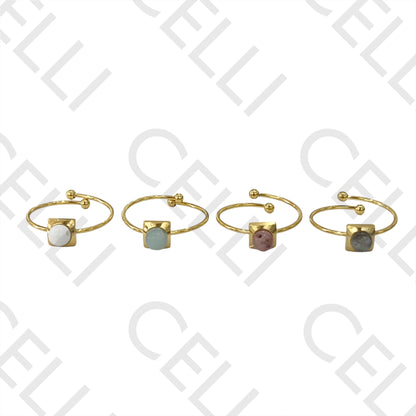 钢制戒指 - 带天然石的方形