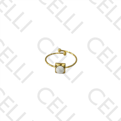 钢制戒指 - 带天然石的方形