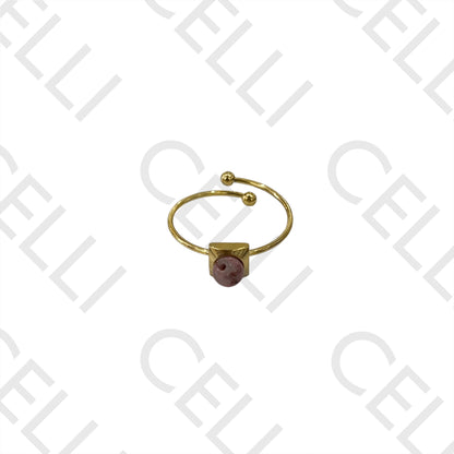 钢制戒指 - 带天然石的方形