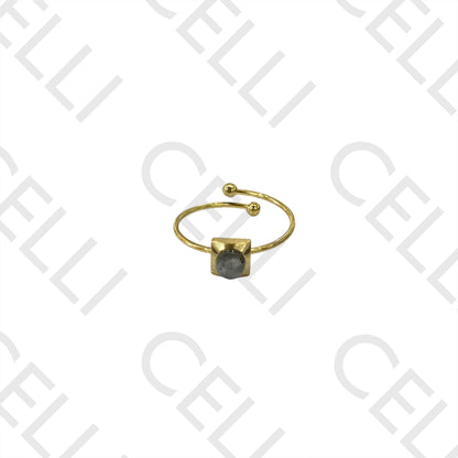 钢制戒指 - 带天然石的方形