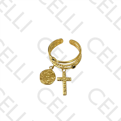 Anillo de acero - medalla detallada y cruz con brillante negro