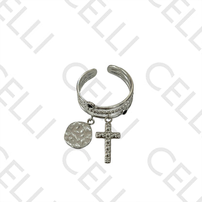 Anillo de acero - medalla detallada y cruz con brillante negro