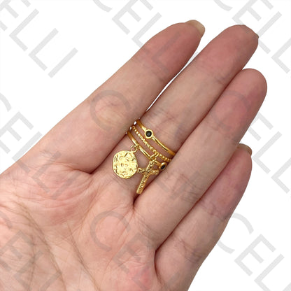 Anillo de acero - medalla detallada y cruz con brillante negro