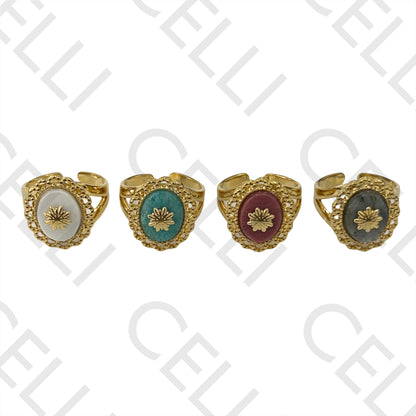 Steel Ring - detailed with natural stone and flower medal