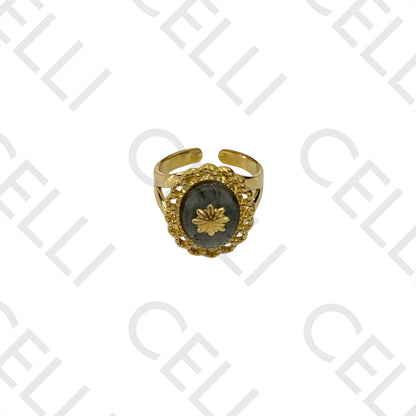 Steel Ring - detailed with natural stone and flower medal
