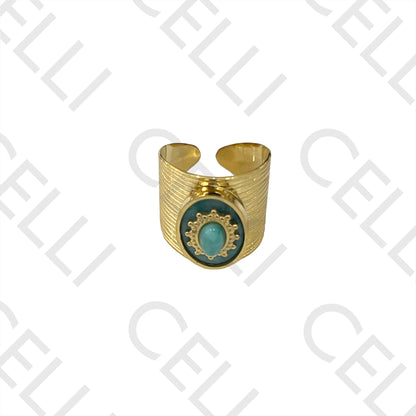 Steel Ring - detailed with natural stone and detailed medal