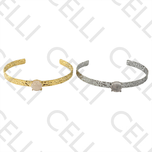 Bracelete de Aço - detalhado com pedra natural rosa