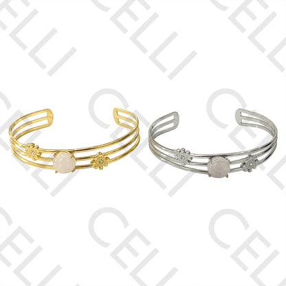 钢制手镯 - 镶有天然粉红石和闪亮装饰的三排设计