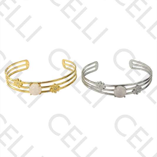 Bracelete de Aço - triplo com pedra natural rosa e brilhantes