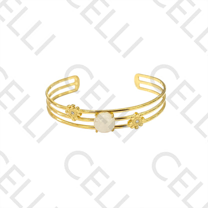 钢制手镯 - 镶有天然粉红石和闪亮装饰的三排设计