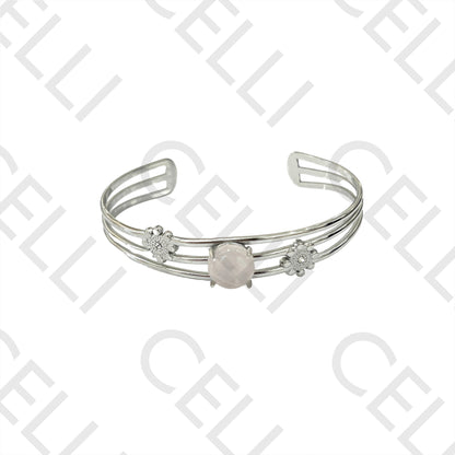 钢制手镯 - 镶有天然粉红石和闪亮装饰的三排设计