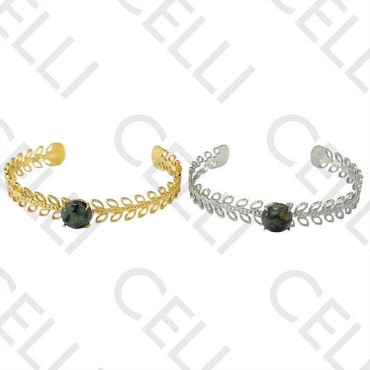 Bracelete de Aço - folhas com pedra natural verde