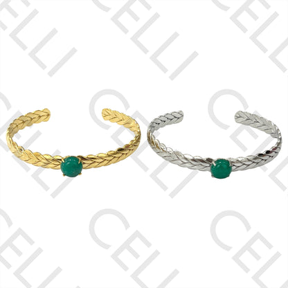 Steel Bracelet - braided with green stone