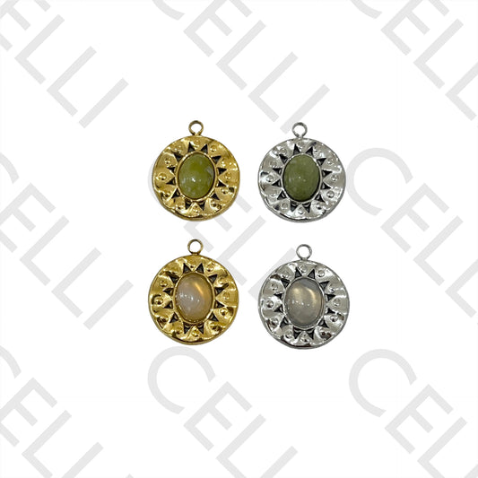 Medalha de Aço com Pedra Natural - redondo detalhado