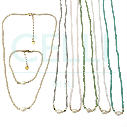 Colar / Pulseira de Aço com pérolas de água doce e cristais facetados