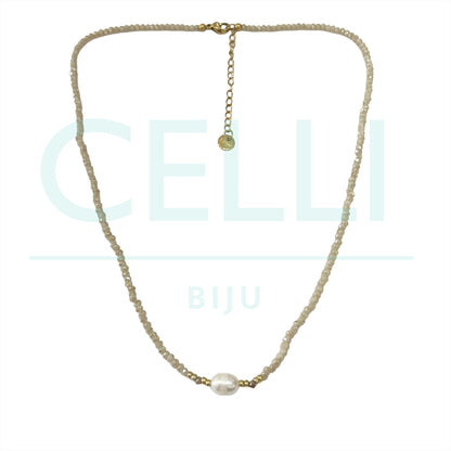 Colar / Pulseira de Aço com pérolas de água doce e cristais facetados