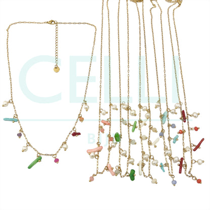 不锈钢项链配淡水珍珠和天然宝石 - 珊瑚