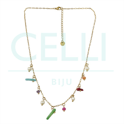 不锈钢项链配淡水珍珠和天然宝石 - 珊瑚