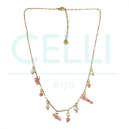 不锈钢项链配淡水珍珠和天然宝石 - 珊瑚