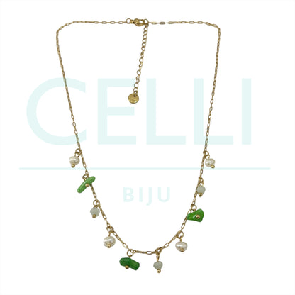 不锈钢项链配淡水珍珠和天然宝石 - 珊瑚