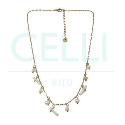 不锈钢项链配淡水珍珠和天然宝石 - 珊瑚