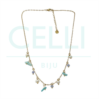 不锈钢项链配淡水珍珠和天然宝石 - 珊瑚