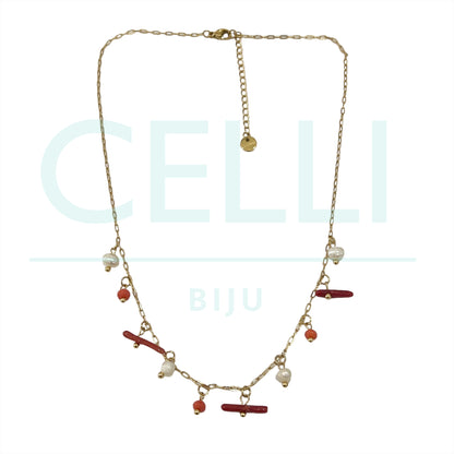 不锈钢项链配淡水珍珠和天然宝石 - 珊瑚