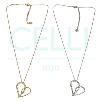 Colar de Aço com medalha - coração com brilhantes