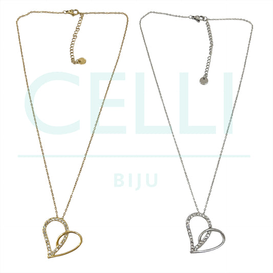 Colar de Aço com medalha - coração com brilhantes