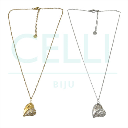 Colar de Aço com medalha - coração com brilhantes