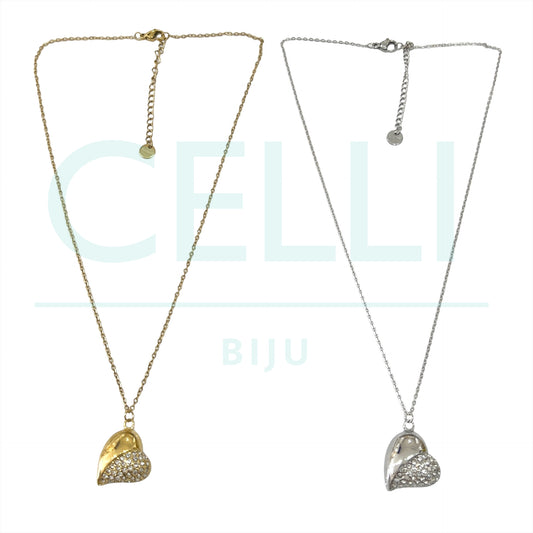 Colar de Aço com medalha - coração com brilhantes