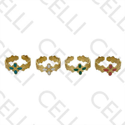 Steel Ring - detailed with enameled flower