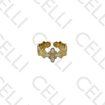 Steel Ring - detailed with enameled flower