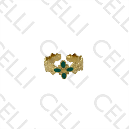 Steel Ring - detailed with enameled flower