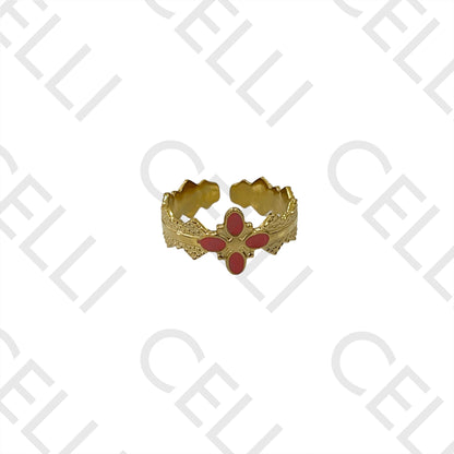 Steel Ring - detailed with enameled flower