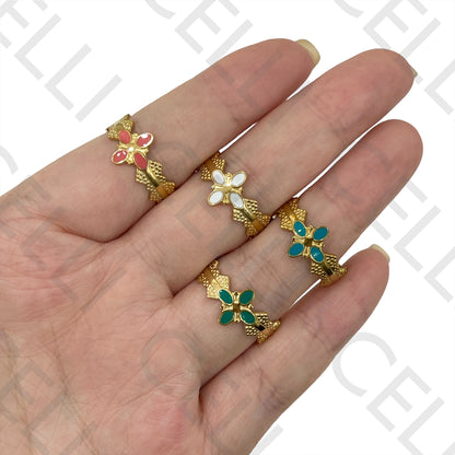 Steel Ring - detailed with enameled flower