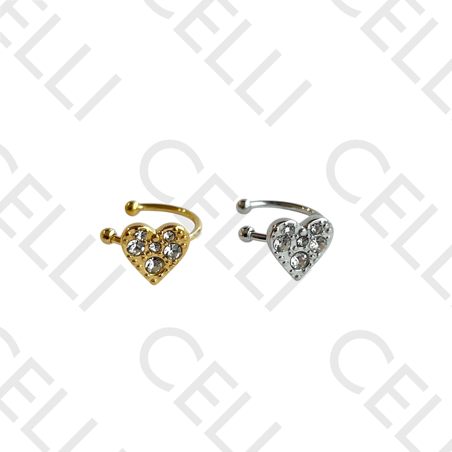 钢制耳扣 - 带亮钻的心形