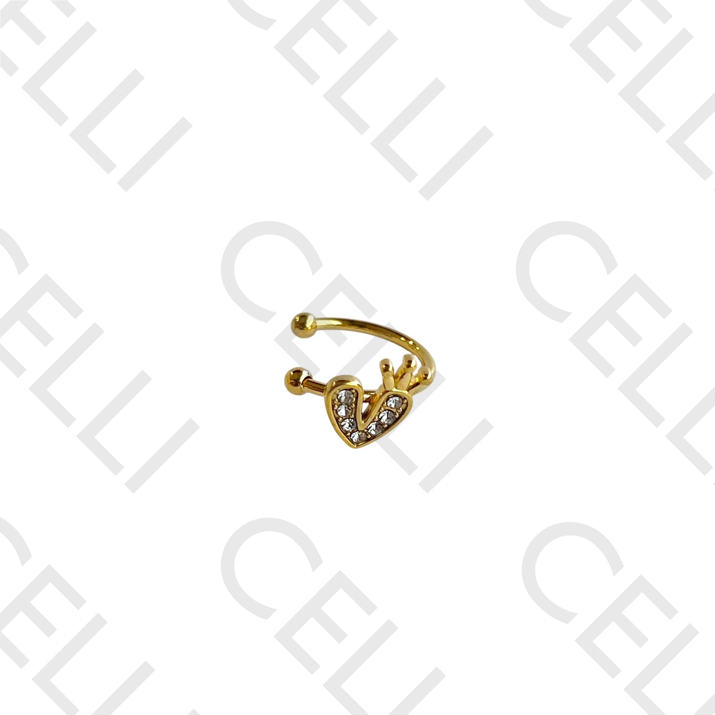 Earcuff de Aço - coração com coroa e brilhantes