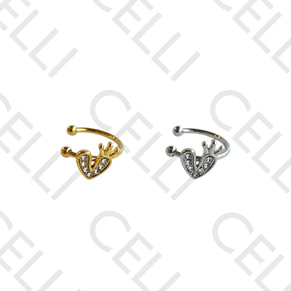 Earcuff de Aço - coração com coroa e brilhantes