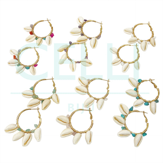 Brinco Argola de Aço - búzios e pedra natural cascalho